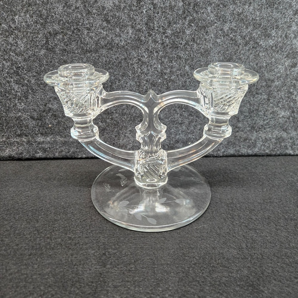 Vintage Indiana Glass "Laurel" Etch Double Light Candelabra 2-Arm Candle Holder
